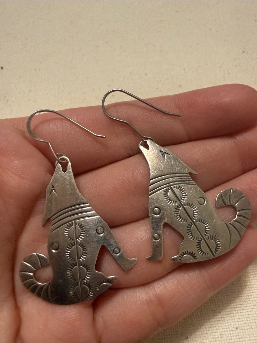 Sterling Silver Mexico Wolf Howl Dangle Earrings